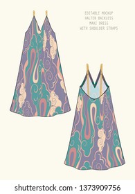 EDITABLE VECTOR DRESS MOCKUP. TEMPLATE FOR SHOWCASING FABRIC PATTERN DESIGN. TECHNICAL ILLUSTRATION OF BACKLESS MAXI DRESS WITH VINTAGE FLORAL PATTERN IN SHADES OF YELLOW, LILAC, GREY AND PURPLE.