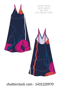 EDITABLE VECTOR DRESS MOCKUP. TEMPLATE FOR SHOWCASING FABRIC PATTERN DESIGN. TECHNICAL ILLUSTRATION OF BACKLESS MAXI DRESS WITH VINTAGE FLORAL PATTERN IN SHADES OF CORAL, LILAC, PINK, INDIGO, ORANGE A