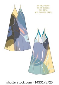 EDITABLE VECTOR DRESS MOCKUP. TEMPLATE FOR SHOWCASING FABRIC PATTERN DESIGN. TECHNICAL ILLUSTRATION OF BACKLESS MAXI DRESS WITH VINTAGE FLORAL PATTERN IN SHADES OF CORAL, YELLOW, SAGE, INDIGO, OLIVE A