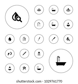 Editable vector droplet icons: shower, water drop, pipette, drop under magnifier, drop on white background.