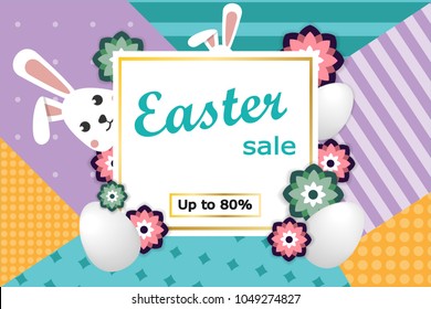 Editable vector easter sale banner. Easter bunny. Easter eggs. Flowers