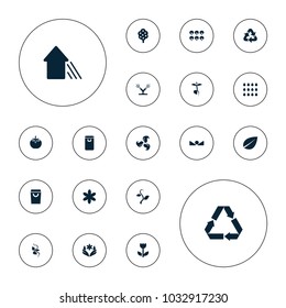 Editable vector eco icons: tree, flower, leaf, shopping bag, sprout, arrow up, watering system, drop, recycle, plant on white background.