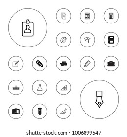 Editable vector education icons: calculator, pencil, triangle ruler, magnet, school, ink pen, test tube, clipboard, abacus, paper and pen, arrows up on white background.