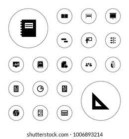 Editable vector education icons: resume, notepad, teacher, ruler, circle, atom move, calclator, chart on display, abacus, book, user communication, brain on white background.
