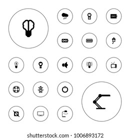 Editable vector electric icons: pylon, brain bulb, bulb, no plug, endless battery, fan, table lamp, ful battery, lamp, thunderstorm, switch off, pendulum on white background.