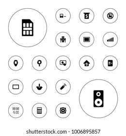 Editable vector electronic icons: no laptop, laptop connection, calculator, money in atm, cpu in tree, cpu in head, robot, tablet, speaker, loudspeaker on white background.