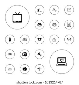 Editable Vector Electronics Icons: Camera, Tv, Battery, Record Player, Satellite, Tv System, Laptop With Heart, Dvd Player, Broken Battery, Vacuum Cleaner On White Background.