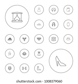 Editable vector elegant icons: pillow with heart on it, woman hairstyle, necklace, dress, reserved, candlestick, red carpet, judo, shell, woman shoe on white background.