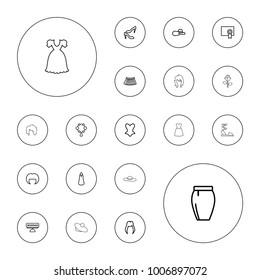 Editable vector elegant icons: woman hairstyle, necklace, shoe, corset, dress, skirt, woman hat, reserved, diploma, rose on white background.