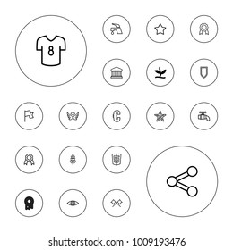 Editable vector emblem icons: plant, wings, star, tap, euro, medal, share, shield, ribbon, eye, court building, football t shirt, flag, crossed flags on white background.
