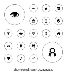 Editable vector emblem icons: plant, lotus, tap, heart with cross, minus favorite, shield, ribbon, court building, football on phone, sport car on white background.