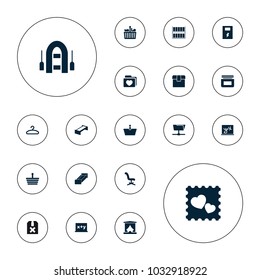 Editable vector empty icons: garden bench, office chair, shopping basket, blackboard x+y, photo with heart, folder with heart, shopping bag, folder on white background.