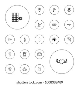 Editable vector energy icons: bulb, pylon, pump, electricity, table lamp, boxing bag, protein powder, heart with muscles, no oil, electricity, wire on white background.