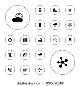 Editable vector energy icons: tank, thunder, factory, magnet, bottle for fitness, atom, no oil, bulb heart, bulb, sun, thunderstorm, battery, oil derrick on white background.