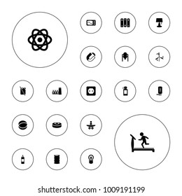 Editable vector energy icons: tank, treadmill, bulb, table lamp, magnet, boxing bag, atom, plug socket, geyser, mill, battery, smoke bomb, factory on white background.