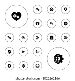 Editable vector engine icons: gear, gear in head, fan on white background.