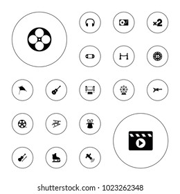 Editable vector entertainment icons: magic hat, guitar, camera tape, portable console, satellite, violin, headset, red carpet, ferris wheel, kite on white background.