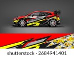 Editable vector EPS car wrap with red, yellow, and black racing stripes combined with camo textures. Perfect aggressive motorsport livery for rally or drift cars.
