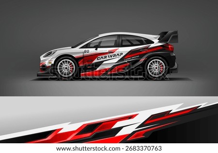 Editable vector EPS car wrap with bold red, white, and black racing stripe accents. Aggressive livery style for rally and drift competition cars.
