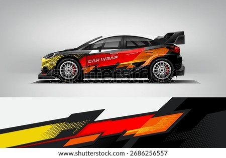 Editable vector EPS car wrap featuring yellow and red thunder strike style design. Vibrant aggressive rally livery with bold motion lines and halftone effects.