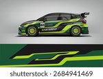 Editable vector EPS racing car wrap design featuring a bold green and black color scheme with lime highlights. Dynamic sporty lines, perfect for motorsport teams, rally, drift, and custom vinyl wraps.