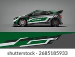 Editable vector EPS racing car wrap with a fresh green, white, and black combination. Sporty and modern design, ideal for rally events, drift competitions, and custom wraps.
