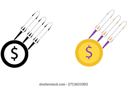 Editable vector eps10 depicting rise in dollar costs, with American dollar sign and coin launching rockets.Fun and simple icon symbols representing price increase and inflation on white background.