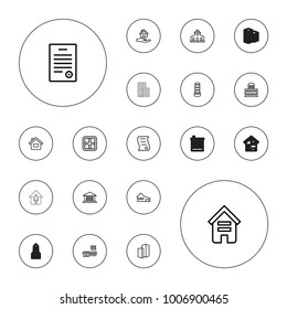 Editable vector estate icons: building, window, business center building, house, home care, home, garage, bill of house sell, bill of house on white background.