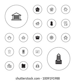 Editable vector estate icons: house building, building, family house, arrow up, home, garage, bill of house sell, business center on white background.