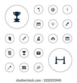 Editable vector event icons: calendar, disco ball, party hat, trophy, flag, falling star, sparkler, fireworks, confetti, red carpet, news, boxing gloves on white background.
