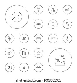 Editable vector exercise icons: jump rope, barbell, horizontal bar, man on treadmill, swimming glasses, boxing bag, swimming ladder, bicycle on white background.
