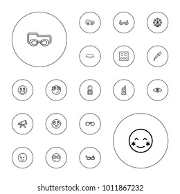 Editable vector eye icons: baby monitor phone, pipette, eyeshadow palette, telescope, blush, wink emot, rolling eyes emot, nerd emoji, dollar smiley on white background.