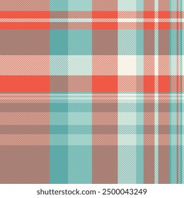 Editable vector fabric tartan, nobility background check seamless. Open plaid textile pattern texture in red and teal colors palette.