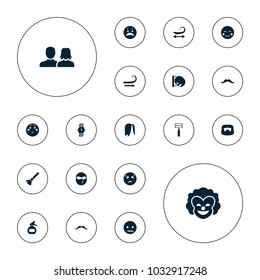 Editable vector face icons: mustache, man and woman, shaving brush, curly hair, man hairstyle, blush, crying emot, shy emoji, sweating emot, wrist watch on white background.