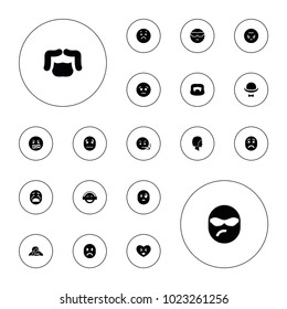 Editable vector facial icons: man hairstyle, sad emot, cool emot in sunglasses, emoji, angry emoji, hat and moustache, face, woman in spa, crying emoji on white background.