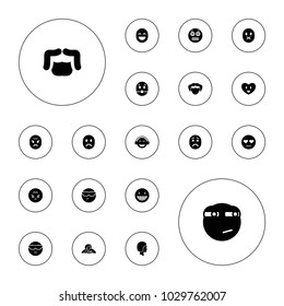 Editable vector facial icons: man hairstyle, laughing emot, cool emot in sunglasses, emoji, shocked emoji, face, woman in spa on white background.