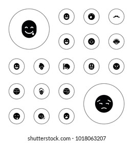 Editable vector facial icons: spa mask, sad emot, cool emot in sunglasses, emoji, angry emoji on white background.
