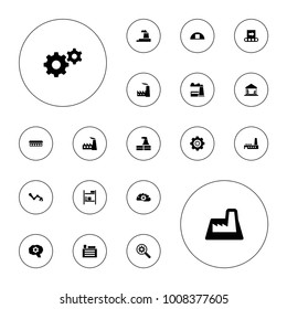Editable vector factory icons: factory, gear, robot arm, cargo barn, building, conveyor on white background.