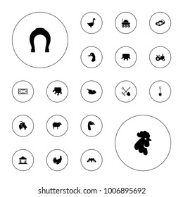 Editable vector farm icons: udder, tractor, sheep, rooster, goose, greenohuse, turkey, barn, chicken, shovel and rake, goat, horseshoe, shovel, fence on white background.