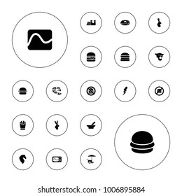 Editable vector fast icons: bowl, rabbit, flash, french fries, donut, pizza, cheeseburger, fast food cart, no fast food, electricity, burger, panther on white background.