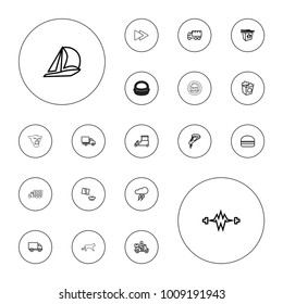 Editable vector fast icons: truck, delivery bike, sailboat, pizza, chinese fast food, burger, cereal, electricity, delivery car, thunderstorm on white background.