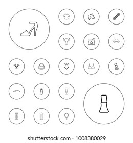 Editable vector female icons: cow, hair curler, make up bag, nail polish, slim, dress, swimsuit, pregnant woman, lips, necklace, eyelashes, heel sandals on white background.
