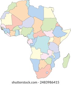 Editable vector file of the continent of Africa, complete with countries in differing colors.