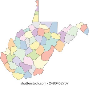 Editable vector file of the counties that make up the state of West Virginia, located in the United States.