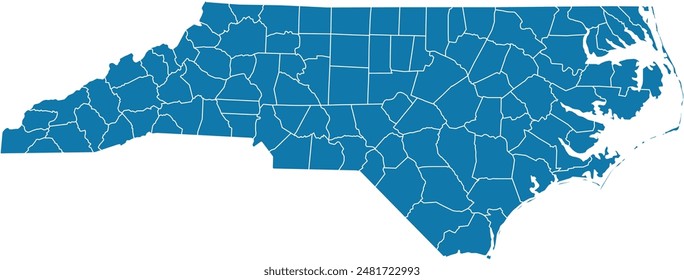 Editable vector file of the counties that make up the state of North Carolina, located in the United States.