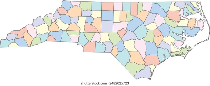 Editable vector file of the counties that make up the state of North Carolina, located in the United States.