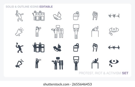 An editable vector file featuring solid and outline icons based on protest, riot, and activism themes.