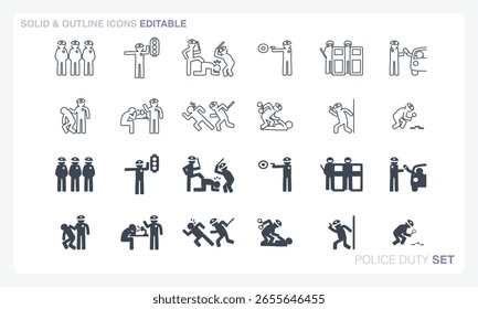 Um arquivo vetorial editável com ícones sólidos e de contorno baseado em um tema de dever policial.