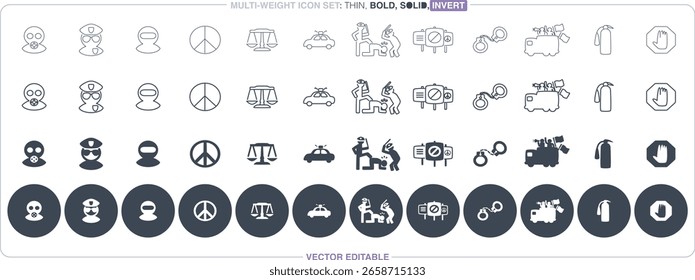 Um arquivo vetorial editável com ícones sólidos e contornos baseados em temas de protesto, tumulto e ativismo.