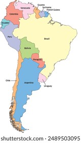 Editable vector file of South America in various colors with labeled countries